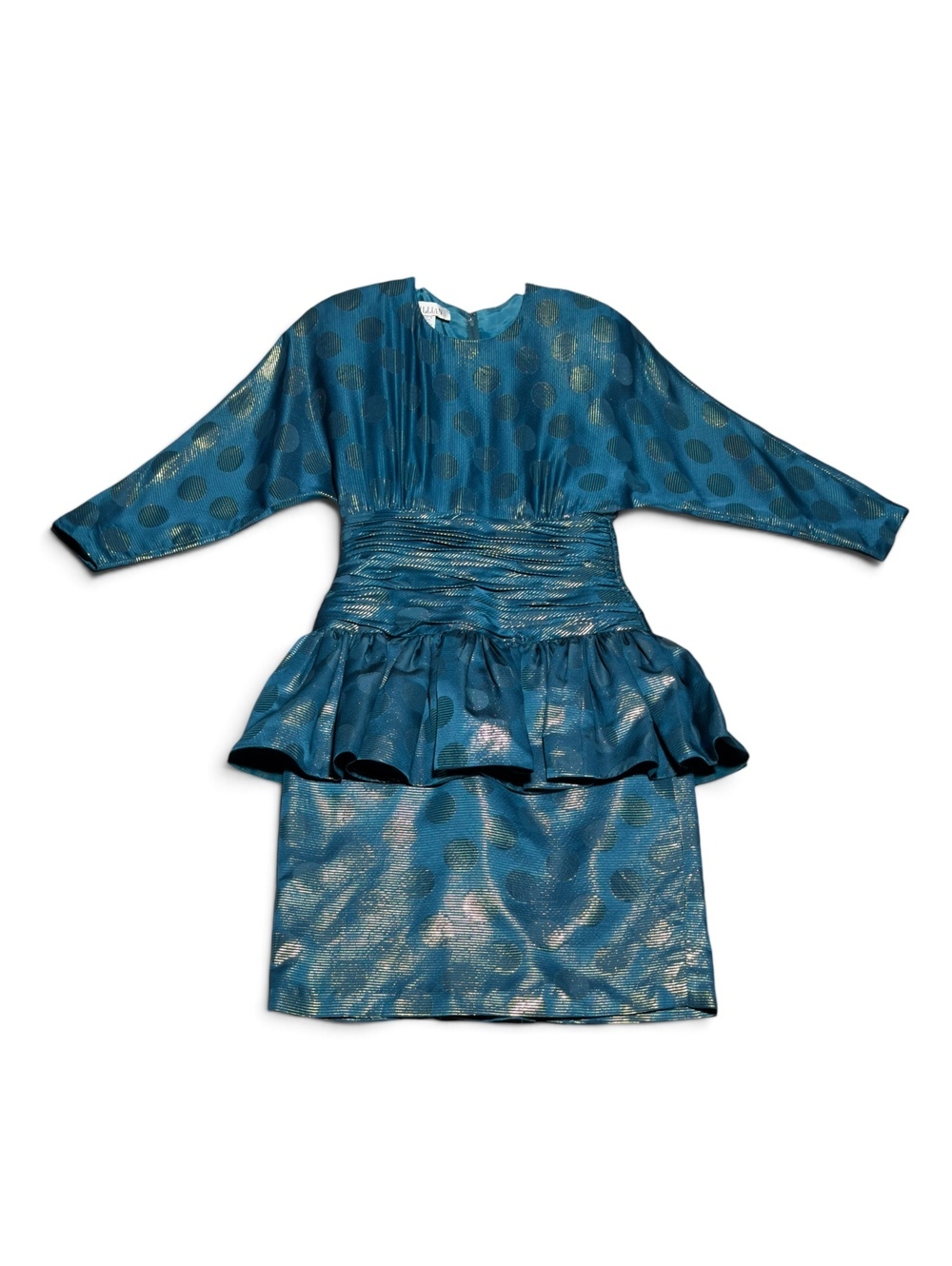 Vintage Gillian Blue Silk Polka Dot Dress Peplum Waist